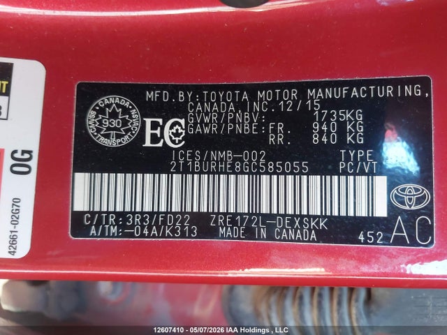 12607410 :رقم المزاد ، 2T1BURHE8GC585055 vin ، 2016 Toyota Corolla مزاد بيع