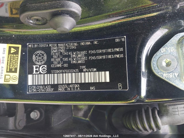 12607417 :رقم المزاد ، 5TDDKRFH7GS332425 vin ، 2016 Toyota Highlander Limited مزاد بيع
