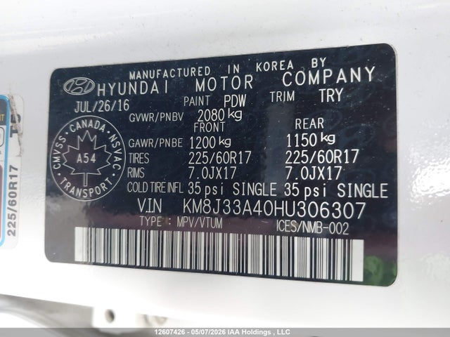 KM8J33A40HU306307 Hyundai Tucson Limited/sport And Eco/se