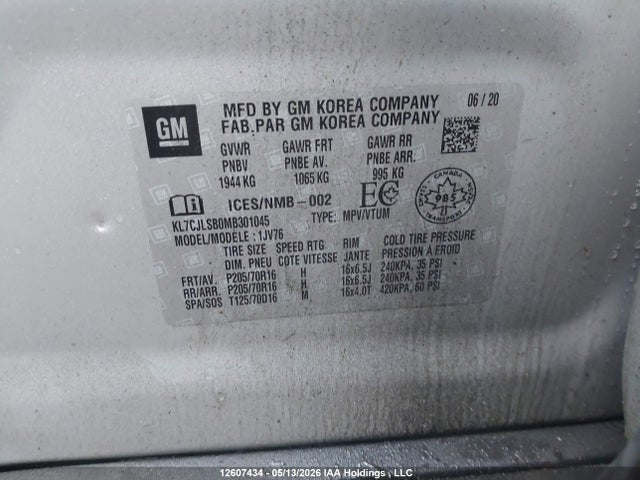 2021 Chevrolet Trax 1lt მანქანა იყიდება აუქციონზე, vin: KL7CJLSB0MB301045, აუქციონის ნომერი: 12607434