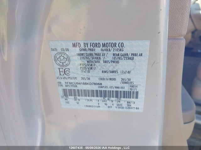 12607435 :رقم المزاد ، 1FMCU94188KD78068 vin ، 2008 Ford Escape Limited مزاد بيع