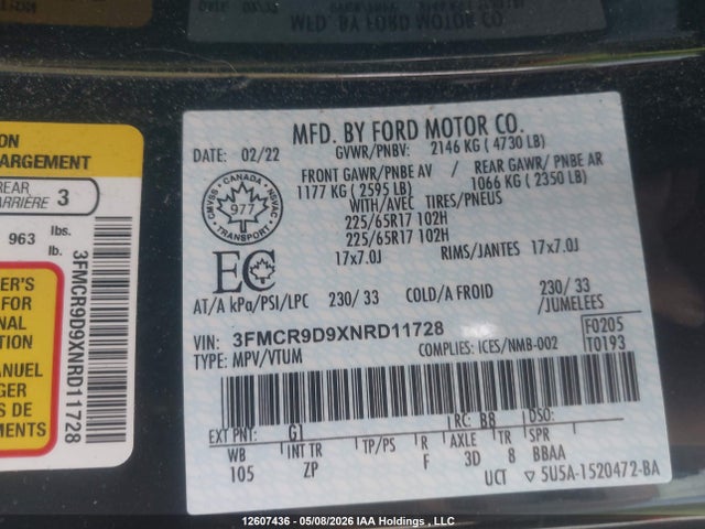 3FMCR9D9XNRD11728 Ford Bronco Sport Badlands