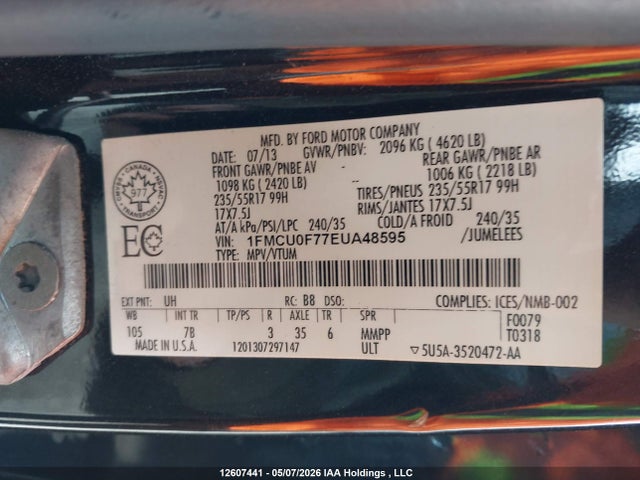 12607441 :رقم المزاد ، 1FMCU0F77EUA48595 vin ، 2014 Ford Escape S مزاد بيع