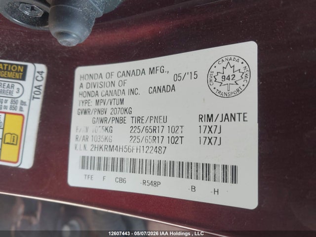 2015 Honda Cr-v Ex მანქანა იყიდება აუქციონზე, vin: 2HKRM4H56FH122487, აუქციონის ნომერი: 12607443