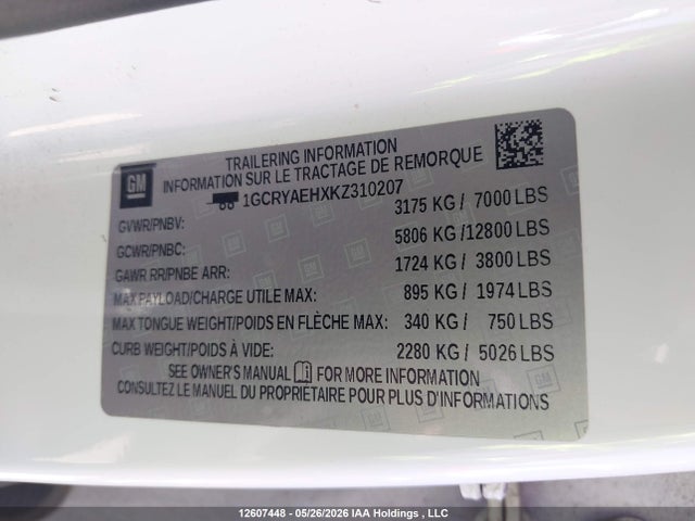 Aukcja sprzedaży 2019 Chevrolet Silverado K1500, vin: 1GCRYAEHXKZ310207, numer aukcji: 12607448