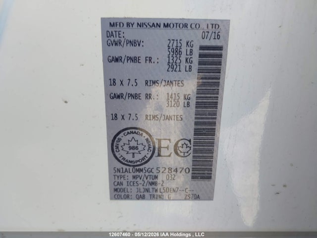 Auction sale of the 2016 Infiniti Qx60, vin: 5N1AL0MM5GC528470, lot number: 12607460