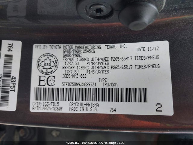 12607462 :رقم المزاد ، 5TFDZ5BN9JX029731 vin ، 2018 Toyota Tacoma Dbl Cab/sr5/trd Sport/or مزاد بيع