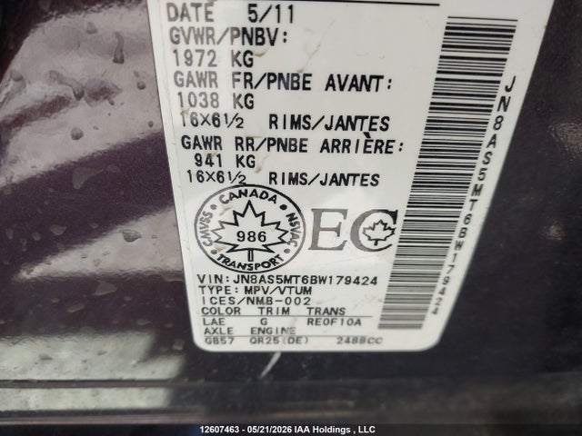 2011 Nissan Rogue S მანქანა იყიდება აუქციონზე, vin: JN8AS5MT6BW179424, აუქციონის ნომერი: 12607463