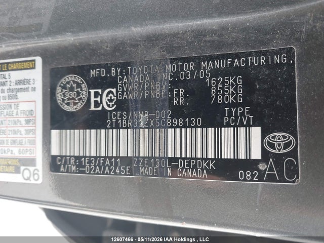 12607466 :رقم المزاد ، 2T1BR32EX5C898130 vin ، 2005 Toyota Corolla Ce/le/s مزاد بيع