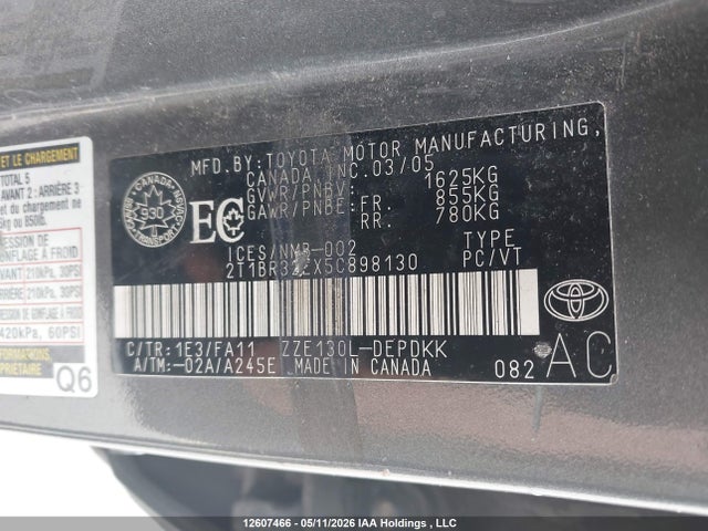 12607466 :رقم المزاد ، 2T1BR32EX5C898130 vin ، 2005 Toyota Corolla Ce/le/s مزاد بيع