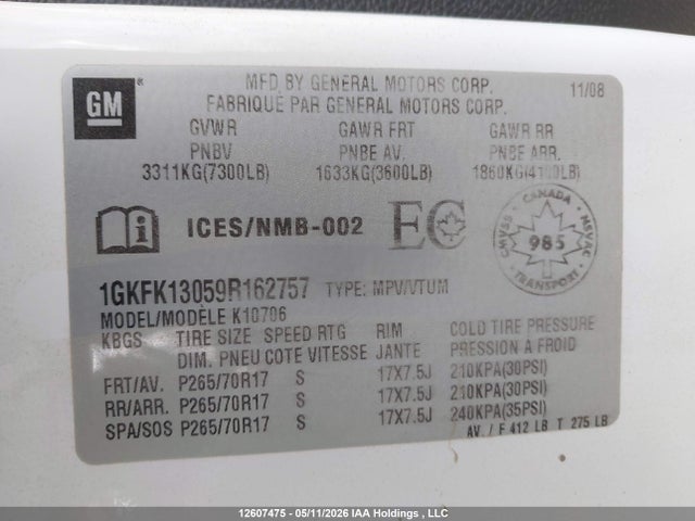 12607475 :رقم المزاد ، 1GKFK13059R162757 vin ، 2009 Gmc Yukon Commercial مزاد بيع