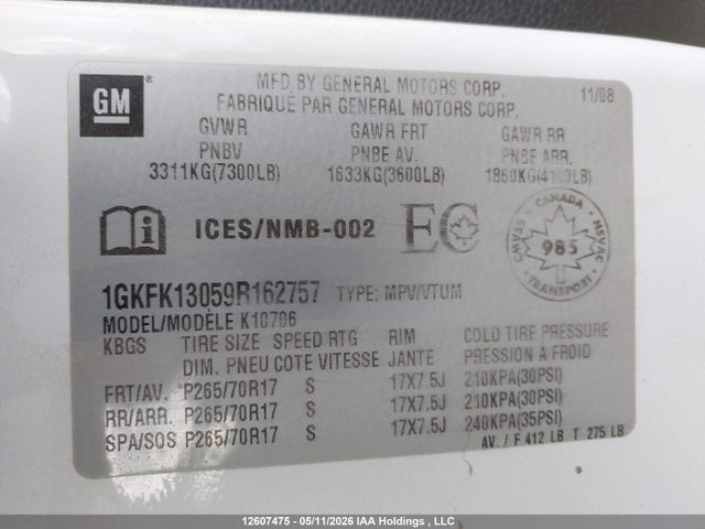 12607475 :رقم المزاد ، 1GKFK13059R162757 vin ، 2009 Gmc Yukon Commercial مزاد بيع