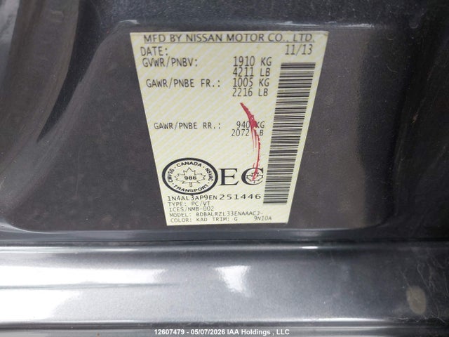 Auction sale of the 2014 Nissan Altima 2.5/s/sv/sl, vin: 1N4AL3AP9EN251446, lot number: 12607479