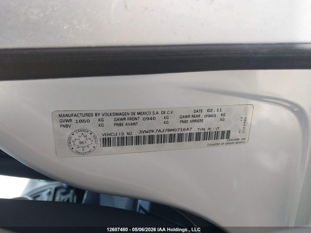 Aukcja sprzedaży 2011 Volkswagen Jetta S, vin: 3VW2K7AJ7BM071647, numer aukcji: 12607480