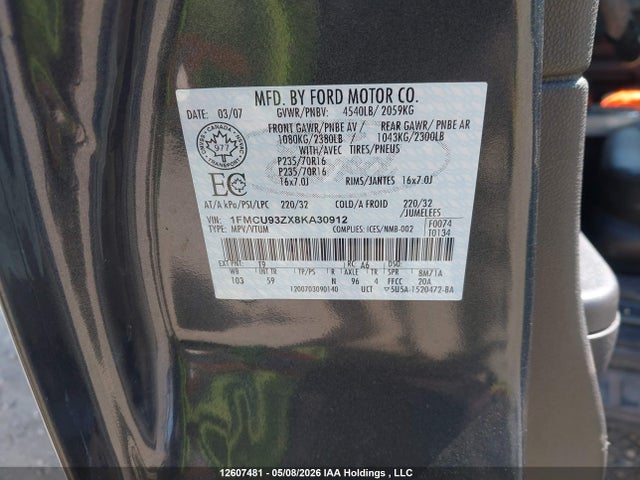Продажа на аукционе авто 2008 Ford Escape Xlt, vin: 1FMCU93ZX8KA30912, номер лота: 12607481
