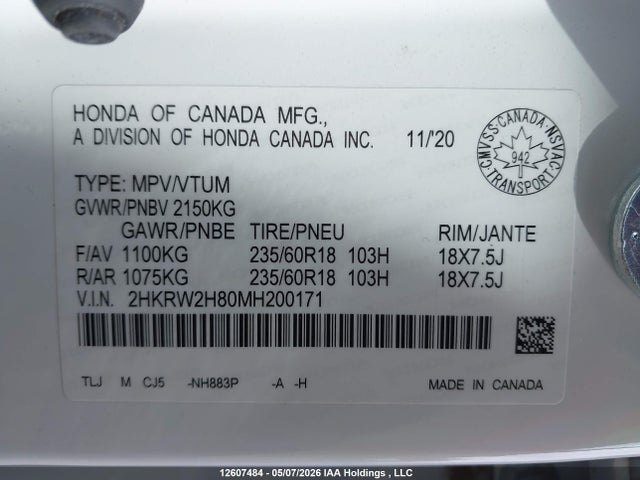 Продаж на аукціоні авто 2021 Honda Cr-v Ex-l, vin: 2HKRW2H80MH200171, номер лоту: 12607484