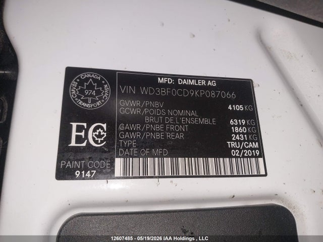 Auction sale of the 2019 Mercedes-benz Sprinter 2500/3500, vin: WD3BF0CD9KP087066, lot number: 12607485