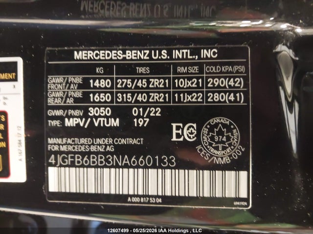 12607499 :رقم المزاد ، 4JGFB6BB3NA660133 vin ، 2022 Mercedes-benz Gle Amg 53 4matic مزاد بيع
