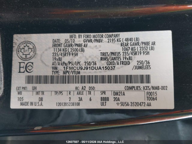 Aukcja sprzedaży 2013 Ford Escape Titanium, vin: 1FMCU9J91DUA15037, numer aukcji: 12607507