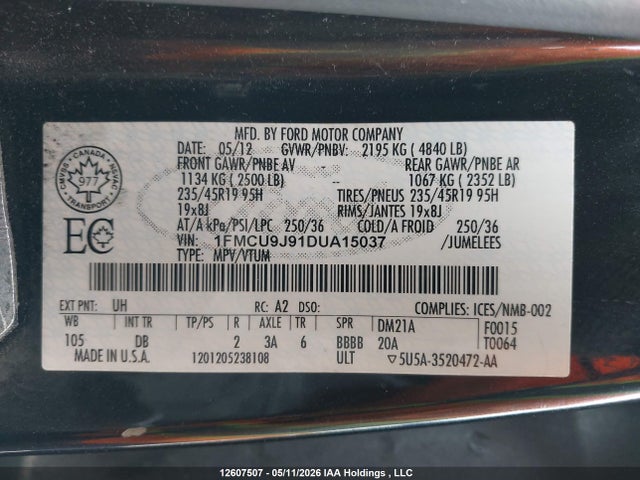 Aukcja sprzedaży 2013 Ford Escape Titanium, vin: 1FMCU9J91DUA15037, numer aukcji: 12607507