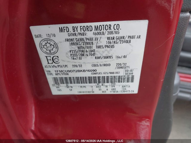Продажа на аукционе авто 2011 Ford Escape Xlt, vin: 1FMCU9D72BKB16090, номер лота: 12607512