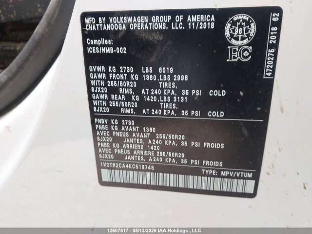 2019 Volkswagen Atlas 3.6 Fsi Execline მანქანა იყიდება აუქციონზე, vin: 1V2TR2CA4KC519748, აუქციონის ნომერი: 12607517