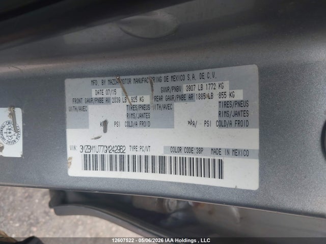 12607522 :رقم المزاد ، 3MZBM1U77GM242962 vin ، 2016 Mazda Mazda3 G/gx مزاد بيع