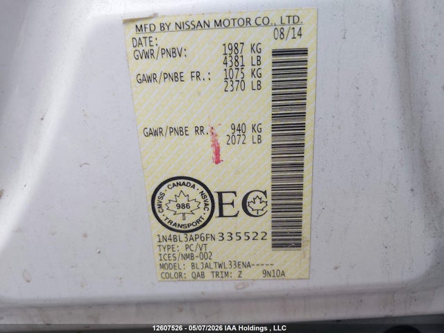 2015 Nissan Altima 3.5 Sl მანქანა იყიდება აუქციონზე, vin: 1N4BL3AP6FN335522, აუქციონის ნომერი: 12607526