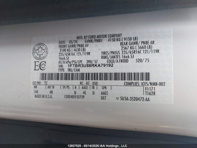 Продаж на аукціоні авто 2024 Ford Transit T-250, vin: 1FTBR3U88RKA79192, номер лоту: 12607528