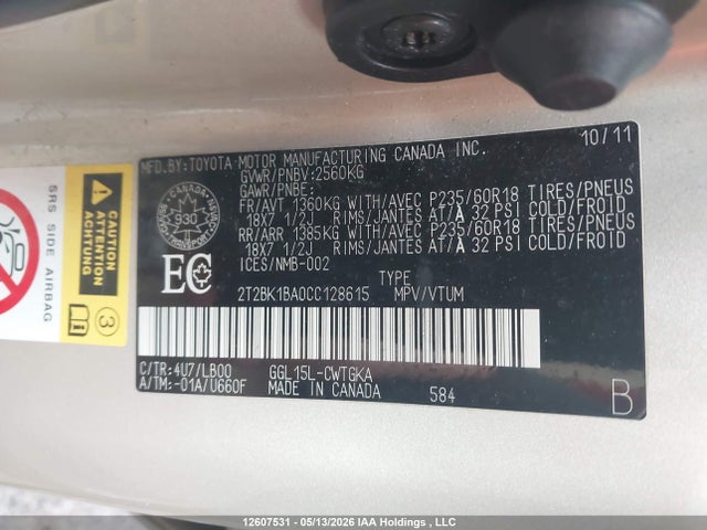 Aukcja sprzedaży 2012 Lexus Rx 350, vin: 2T2BK1BA0CC128615, numer aukcji: 12607531