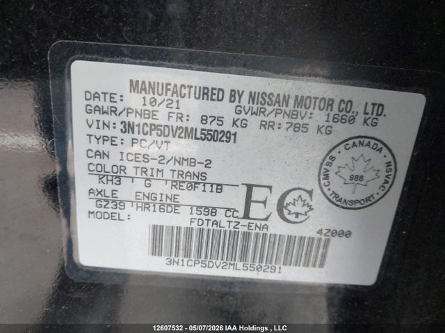 12607532 :رقم المزاد ، 3N1CP5DV2ML550291 vin ، 2021 Nissan Kicks Sr مزاد بيع