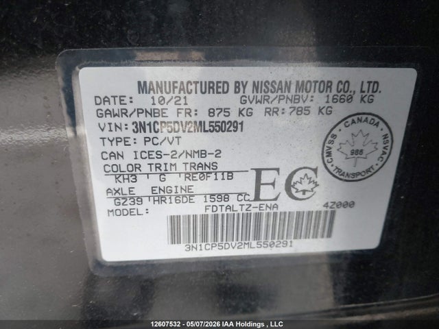 12607532 :رقم المزاد ، 3N1CP5DV2ML550291 vin ، 2021 Nissan Kicks Sr مزاد بيع