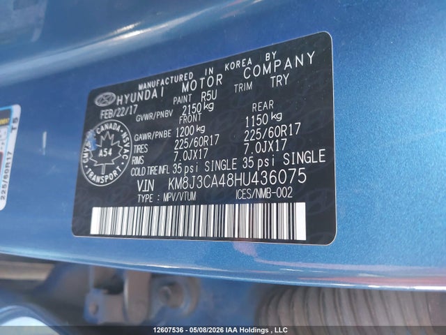 KM8J3CA48HU436075 Hyundai Tucson Limited/sport And Eco/se