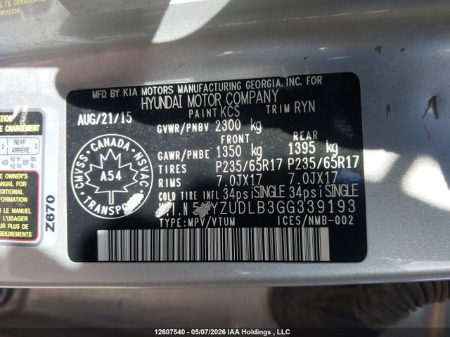 5XYZUDLB3GG339193 Hyundai SANTA FE SPORT