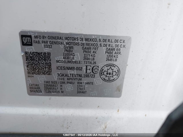 Aukcja sprzedaży 2022 Gmc Terrain Sle, vin: 3GKALTEV7NL198723, numer aukcji: 12607541