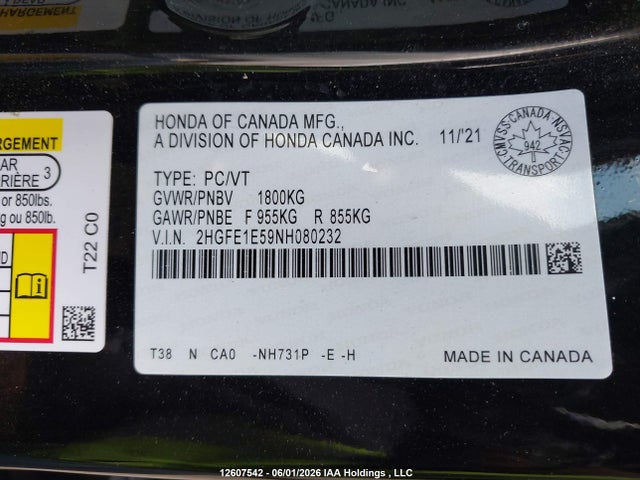 Aukcja sprzedaży 2022 Honda Civic Si Sedan, vin: 2HGFE1E59NH080232, numer aukcji: 12607542