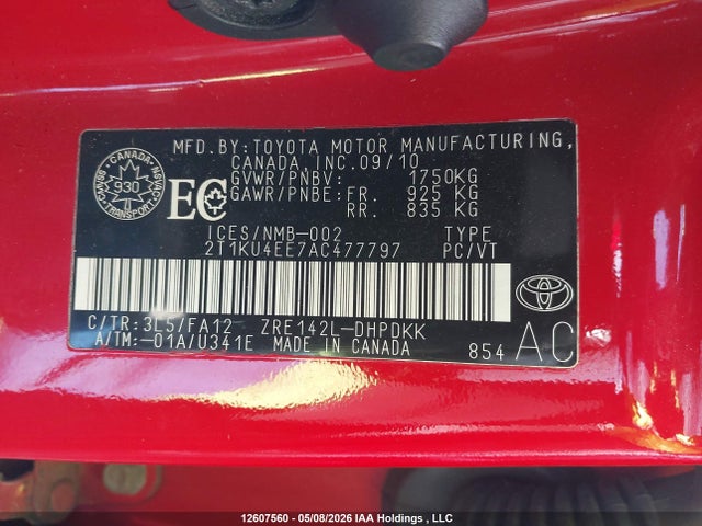 Aukcja sprzedaży 2010 Toyota Corolla Matrix, vin: 2T1KU4EE7AC477797, numer aukcji: 12607560