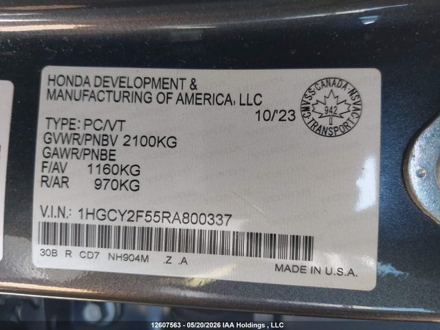 2024 Honda Accord Hybrid Sport მანქანა იყიდება აუქციონზე, vin: 1HGCY2F55RA800337, აუქციონის ნომერი: 12607563