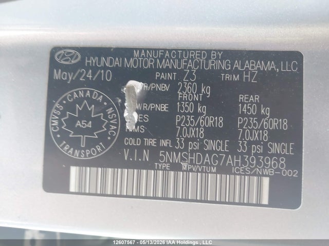 2010 Hyundai Santa Fe Limited 3.5 მანქანა იყიდება აუქციონზე, vin: 5NMSHDAG7AH393968, აუქციონის ნომერი: 12607567