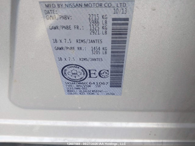 Auction sale of the 2014 Nissan Pathfinder S/sl, vin: 5N1AR2MN6EC641067, lot number: 12607569