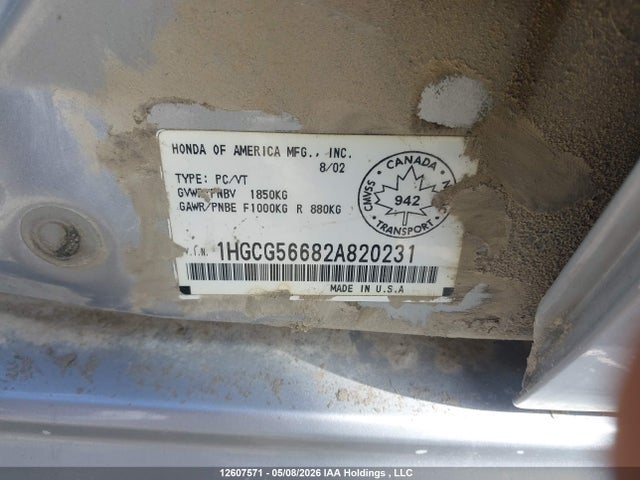 2002 Honda Accord Sdn მანქანა იყიდება აუქციონზე, vin: 1HGCG56682A820231, აუქციონის ნომერი: 12607571