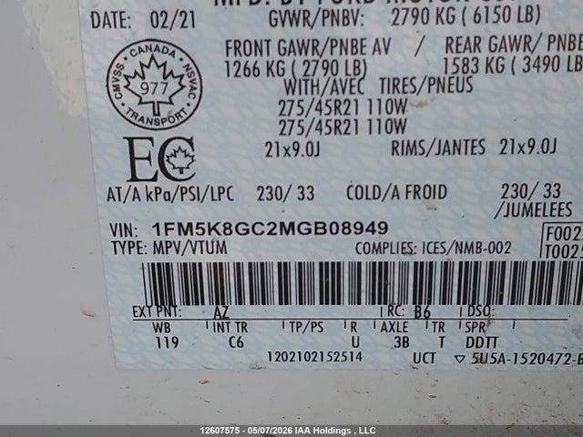 1FM5K8GC2MGB08949 Ford Explorer St