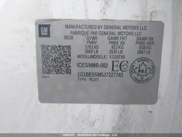 1G1BE5SM5J7227743 Chevrolet Cruze Lt Auto
