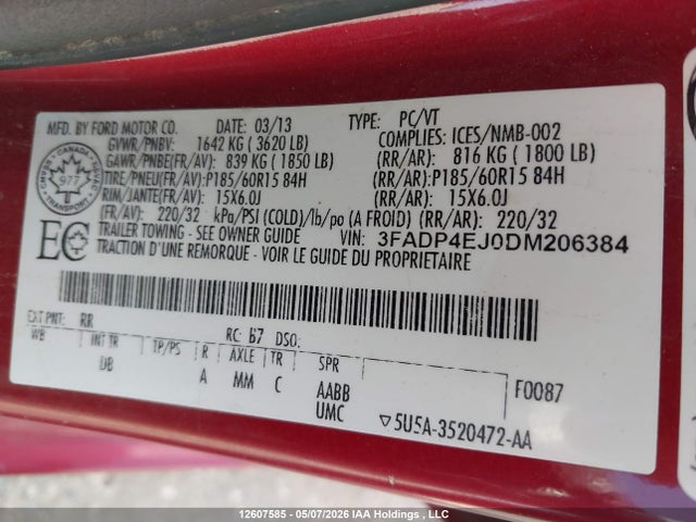 Aukcja sprzedaży 2013 Ford Fiesta Se, vin: 3FADP4EJ0DM206384, numer aukcji: 12607585
