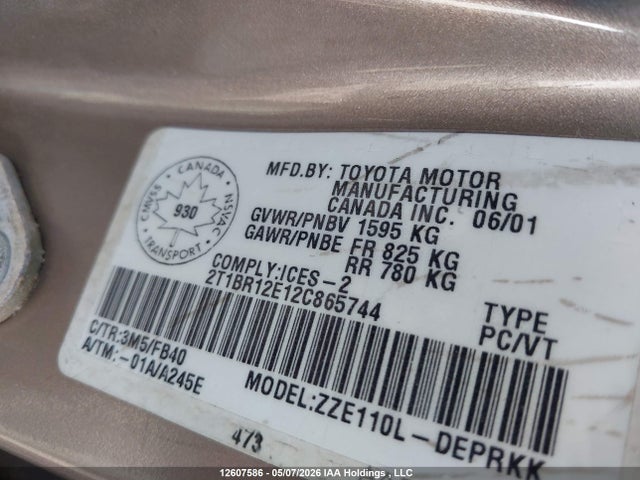Продаж на аукціоні авто 2002 Toyota Corolla Ce/le/sport, vin: 2T1BR12E12C865744, номер лоту: 12607586