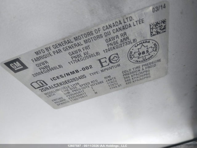 Aukcja sprzedaży 2014 Chevrolet Equinox 2lt, vin: 2GNALCEK8E6283485, numer aukcji: 12607587