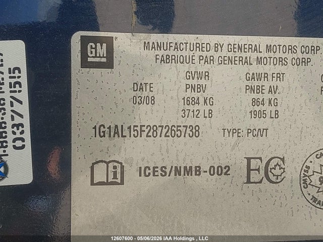 12607600 :رقم المزاد ، 1G1AL15F287265738 vin ، 2008 Chevrolet Cobalt Lt مزاد بيع