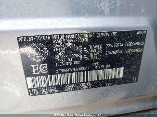 12607620 :رقم المزاد ، 2T3RWRFV2LW100517 vin ، 2020 Toyota Rav4 Hybrid Xle مزاد بيع