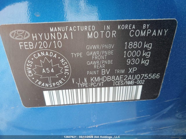 2010 Hyundai Elantra Touring Gls მანქანა იყიდება აუქციონზე, vin: KMHDB8AE2AU075566, აუქციონის ნომერი: 12607621