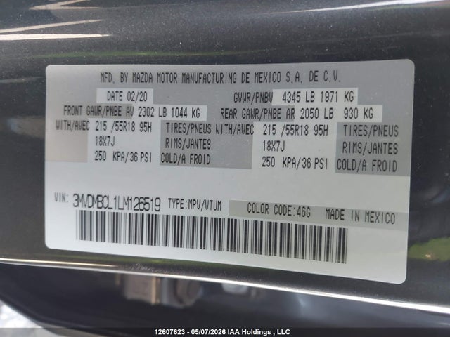 12607623 :رقم المزاد ، 3MVDMBCL1LM126519 vin ، 2020 Mazda Cx-30 Gs مزاد بيع
